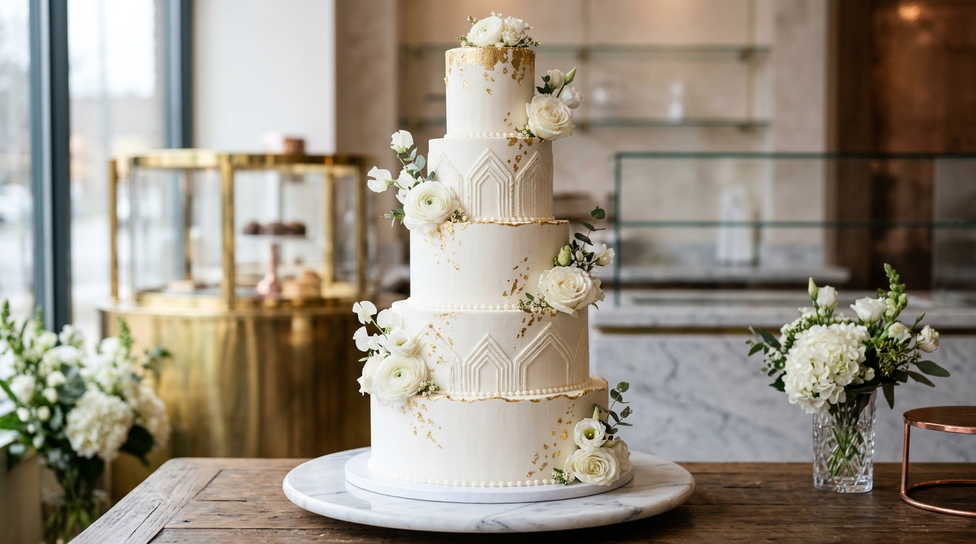 Grand multi-tiered luxury celebration cake with 24k gold leaf