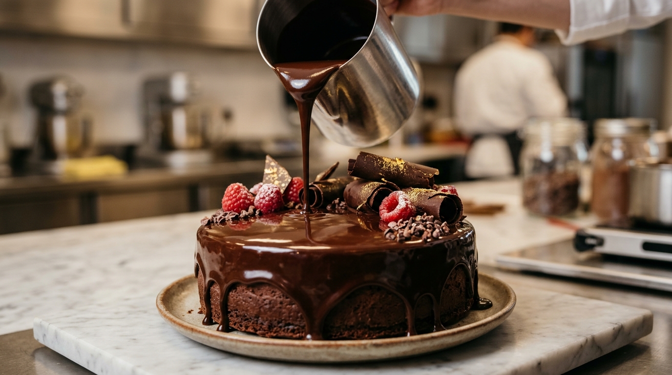 Signature Belgian dark chocolate truffle cake with mirror ganache